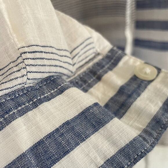 Blue, White Striped Cotton Button Down Lightweight Shirt Roll Tab Sleeves, 1X - Picture 5 of 13
